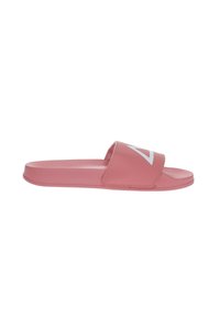 Infradito rosa in gomma con suola piatta. Presenta una fascia larga con un design geometrico di triangoli bianchi sulla parte anteriore.
