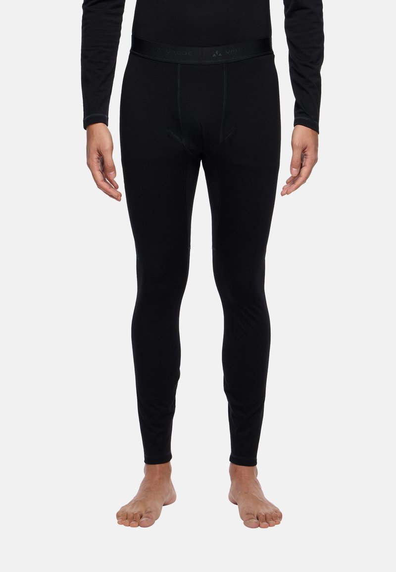 Black thermal leggings made of a stretchy fabric. Features a wide, elastic waistband and a smooth, fitted design, suitable for layering.