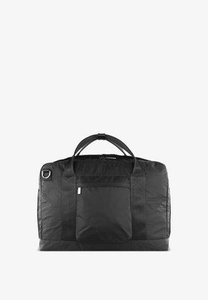 Sac de sport noir en nylon texturé. Dispose de deux poignées robustes, d'une poche avant et d'une fermeture éclair. Design minimaliste sans motifs.