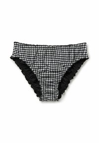 Bikini spodní část v černobílé kostkované vzoru s volánkovými okraji, nařaseným pasem a jednobarevným černým podšívkou. Vyrobeno z lehkého materiálu.