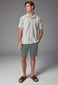 Camicia a maniche corte con bottoni, a righe verticali bianche e verdi; abbinata a pantaloni corti verde oliva e sandali marroni. Sfondo grigio uniforme.