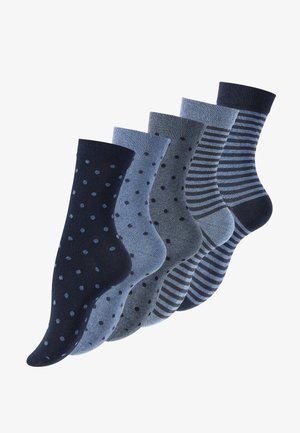 Five pairs of socks in various shades of blue. Patterns include polka dots and stripes. Material appears soft with ribbed cuffs.
