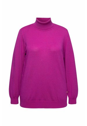 Maglione a collo alto fucsia, in tessuto lavorato a maglia, vestibilità morbida, maniche lunghe, polsini e orlo a coste, con una sottile trama e una finitura liscia.