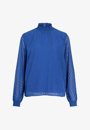 Blue blouse made of sheer fabric with a high neck, long sleeves, and textured herringbone pattern. Features smocked cuffs and neckline.