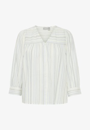 Witte overhemd met verticale blauwe strepen, V-hals, lange mouwen met knopenmanchetten en een iets relaxte pasvorm.