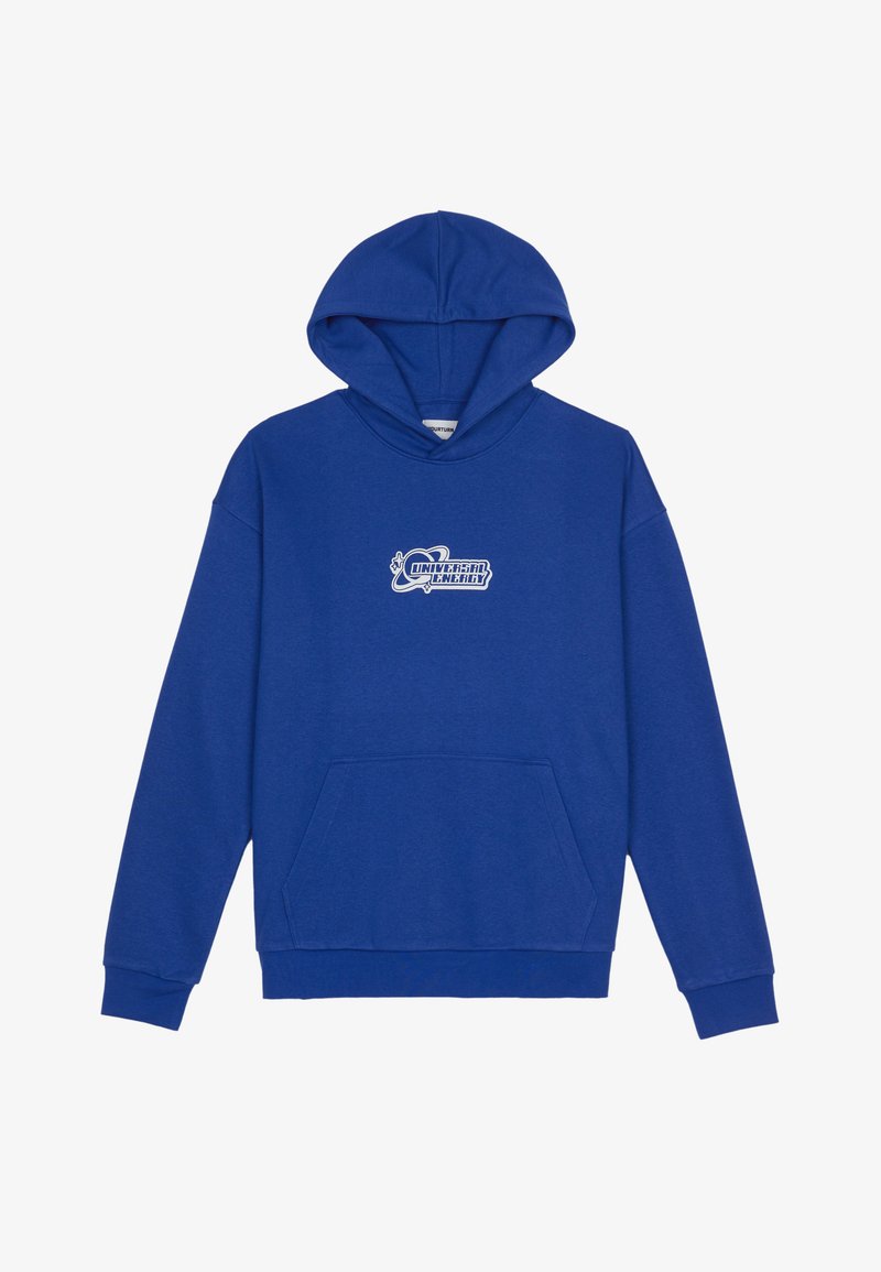 Niebieska bawełniana bluza z kapturem, z kieszenią z przodu, sznurkiem do regulacji, oraz białym logo graficznym na piersi, charakteryzująca się zaokrąglonym, przyjaznym designem.
