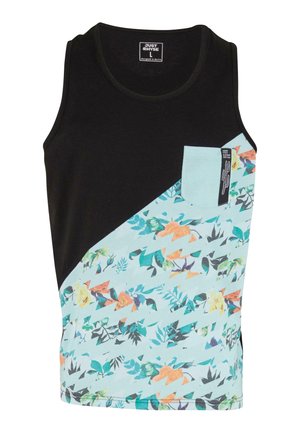 Débardeur noir avec un imprimé turquoise et floral, présentant des motifs triangulaires d'un côté, incluant une poche contrastée avec un détail de logo.