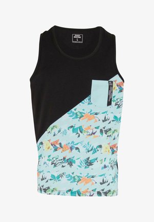 Sort tanktop med en turkis og blomsterprint med trekantede mønstre på den ene side, inkluderer en kontrastlomme med logodetalje.