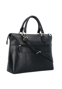 Svart läderportfölj med dubbla handtag, framsidans zip-ficka och avtagbar axelrem, visad i en vinkel på vit bakgrund.