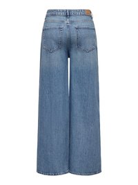 Jean en denim bleu à jambes larges, taille haute et poches arrière, vu de dos sur fond blanc.
