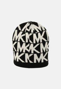 Berretto in maglia bianco e nero con motivo ripetuto del logo "MK". Forma arrotondata, tessuto testurizzato e bordo elastico per una maggiore flessibilità.