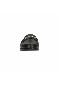 Black leather loafers featuring a smooth texture, rounded shape, and a gold-tone hardware accent across the front. Flat sole design.