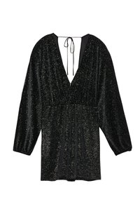 Schwarzes Minikleid aus Samt mit langen Puffärmeln, tiefem V-Ausschnitt, geraffter Taille und dünner Bindung am hinteren Halsauschnitt, verziert mit silbernen Sprenkeln.