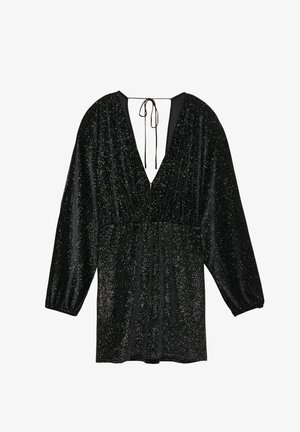 Zwarte fluwelen mini-jurk met lange pofmouwen, diepe V-hals, geplooide taille en dunne striksluiting aan de achterzijde van de halslijn, versierd met zilveren spikkels.