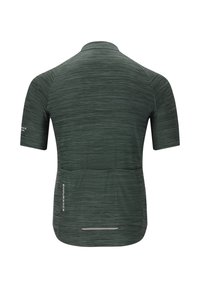 Kurzarm-Radsporttrikot in Dunkelgrün mit einer strukturierten Oberfläche, Rückentaschen und reflektierenden Akzenten für bessere Sichtbarkeit.