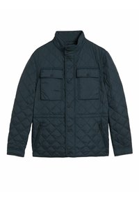 Ciemnoniebieska pikowana kurtka z stójką, przednimi guzikami zatrzaskowymi, dwiema kieszeniami na klatce piersiowej z klapami oraz dwoma bocznymi kieszeniami na zamek.