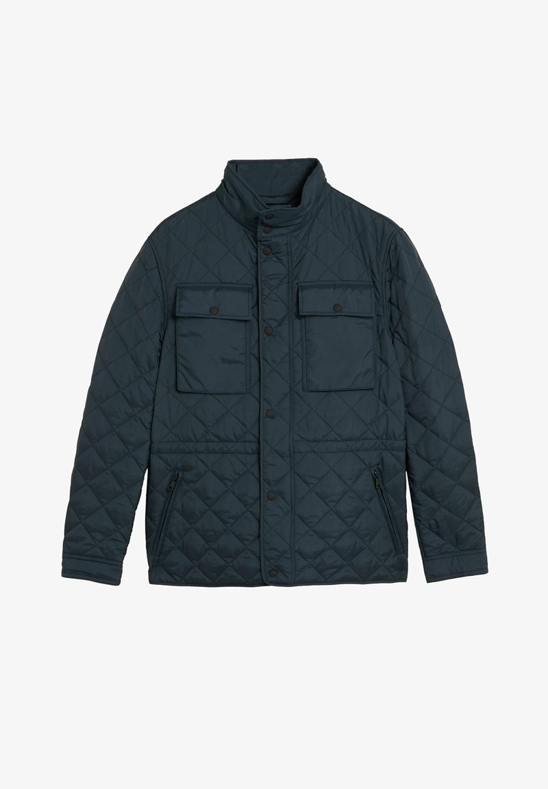 Ciemnoniebieska pikowana kurtka z stójką, przednimi guzikami zatrzaskowymi, dwiema kieszeniami na klatce piersiowej z klapami oraz dwoma bocznymi kieszeniami na zamek.