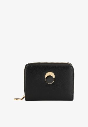 Black leather wallet with a textured finish, gold-tone hardware, and a round clasp detail. Features a zipper closure and compact design.