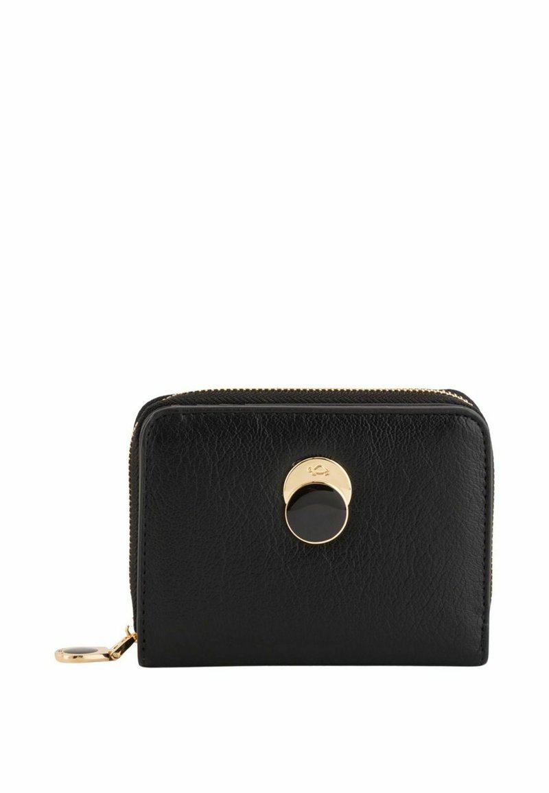 Czarny portfel ze skóry o fakturowanym wykończeniu, złotym okuciem i okrągłym zapięciem. Posiada zamknięcie na zamek błyskawiczny i kompaktowy design.