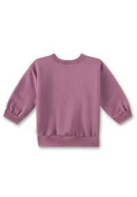 Purple sweatshirt with long, puffed sleeves, a round neckline, and ribbed cuffs and hem. Made from soft fabric with a smooth texture.