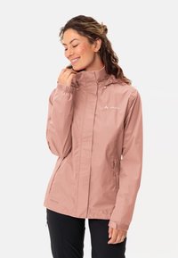 Light pink waterproof jacket with a high collar, elastic cuffs, and two side pockets. Features a subtle brand logo on the chest.