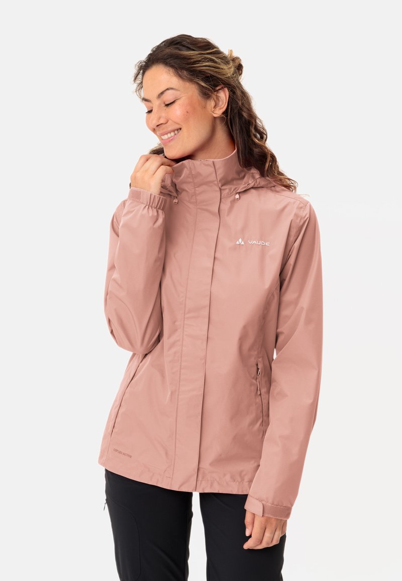Light pink waterproof jacket with a high collar, elastic cuffs, and two side pockets. Features a subtle brand logo on the chest.