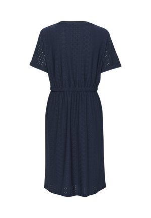 Tumesinine kleit lühikeste varrukatega, elastse vöökohaga ja dekoratiivse silmade mustriga. Põlvepikkune, pehme kangas ja mugava lõikega disain.