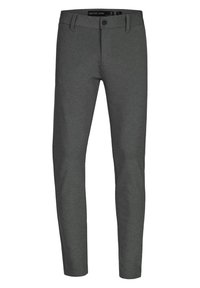 Pantalon gris slim en tissu mélange de coton, avec fermeture à bouton et conception traditionnelle à cinq poches. Texture lisse sans motifs visibles.