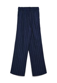 Pantalons larges bleu marine à rayures verticales blanches, avec une taille élastique et un tissu doux et texturé.