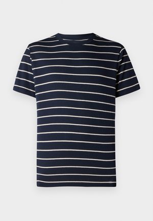 T-shirt a maniche corte blu navy con strisce orizzontali bianche. Design a girocollo e texture in cotone morbido, che offre un aspetto semplice e casual.