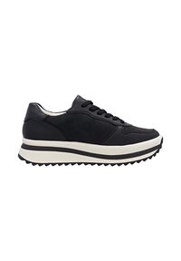 Black low-top sneaker with thick white and black sole, black laces, and textured tread on a white background.