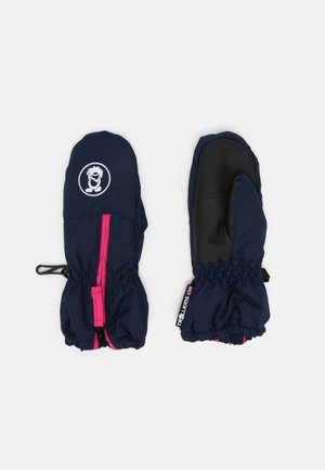 Navy mittens with a pink zipper and elastic cuff. Included is a black textured grip area and a circular logo featuring a character.