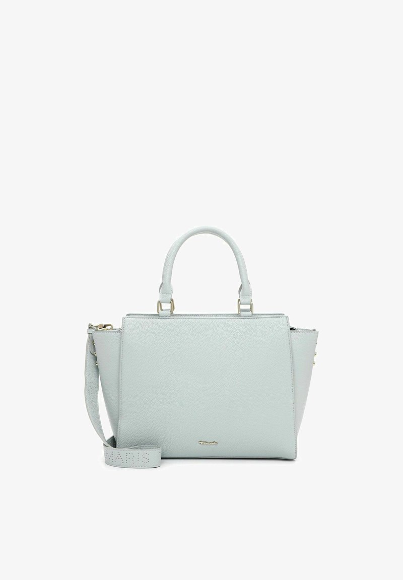 Sac à main structuré bleu clair avec une finition texturée, deux poignées supérieures, une bandoulière amovible, et des accents de quincaillerie dorée.