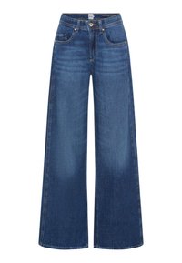 Wijde jeans in donkerblauw denim met een gladde textuur, voorzien van een knoopsluiting, voorzakken en accentuerende stiksels langs de naden.