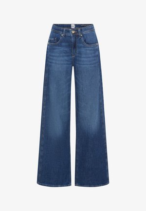 Jeans a gamba larga in denim blu scuro con una texture liscia, caratterizzati da una chiusura con bottoni, tasche frontali e cuciture accentuate lungo le giunture.