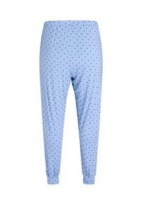 Gaiši zili atpūtas bikses, kas izgatavotas no mīksta auduma, ar melniem punktiņiem, elastīgu jostu un sašaurinātiem auliem pie potītēm.