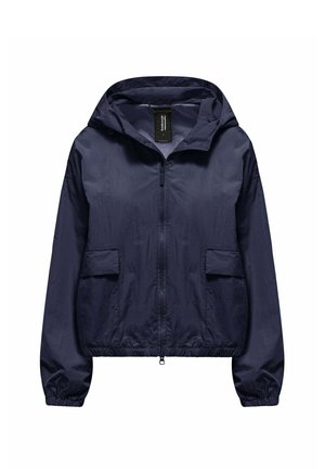 Giacca a vento blu navy con cappuccio, zip frontale, due tasche con pattina e polsini ed orlo elasticizzati.