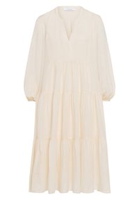 Robe midi crème à manches longues, jupe à volants, encolure en V et poignets élastiques, réalisée en tissu léger.