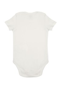 Short-sleeve white baby bodysuit made of soft cotton, featuring a round neckline and snap closures at the bottom for easy dressing.