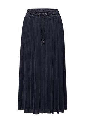 Schwarzer plisierter Midirock mit elastischem Bund und verstellbarem Kordelzug vorne, leichter, fließender Stoff.