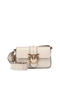 Μπεζ δερμάτινη τσάντα χειρός με δομημένο σχήμα, που διαθέτει χρυσό δαχτυλίδι και διακοσμητικές λεπτομέρειες με πουλιά. Περιλαμβάνει ρυθμιζόμενο λουράκι που ταιριάζει.
