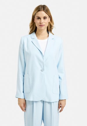 Light blue blazer with notched lapels, single button closure, two front pockets, and a relaxed fit. Made from a smooth, lightweight fabric.