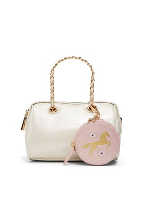 Cream handbag with gold chain handles and attached pink round coin purse decorated with a gold horse and two white flowers.