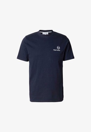 Navy blue cotton t-shirt with a crew neck, short sleeves, and white logo print on the chest. Smooth texture, classic fit.