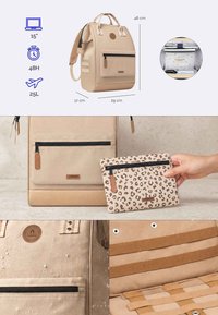 Beige backpack with front zipper pocket, leopard print pouch, water-resistant fabric, internal compartments, and dimensions 46 by 29 by 17 centimeters.