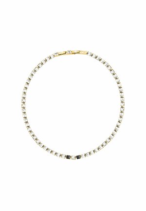 Goldfarbener Armreif mit quadratischen klaren Kristallen, die in einem linearen Muster angeordnet sind. Enthält zwischenräumliche schwarze Emaille-Akzente.