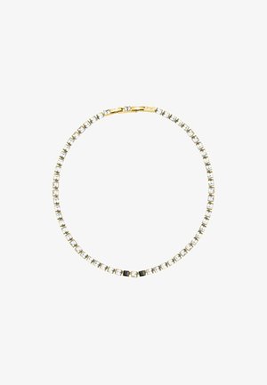 Bracelet en métal doré avec des cristaux clairs carrés disposés selon un motif linéaire. Comprend des accents en émail noir disposés de manière intermittente.