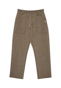 Braune Baumwollhosen mit entspannter Passform, ausgestattet mit zwei Seitentaschen, einem Knopfverschluss und sichtbaren Nähdetails.