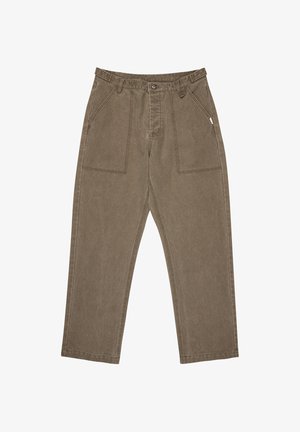 Brown cotton trousers with a relaxed fit, featuring two side pockets, a button closure, and visible stitching details.