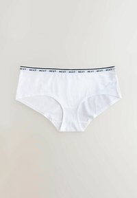 Witte katoen hipsteronderbroek met een zwarte elastische tailleband met het "NEXT" logo. Gladde textuur, klassieke vorm en geen aanvullende patronen.